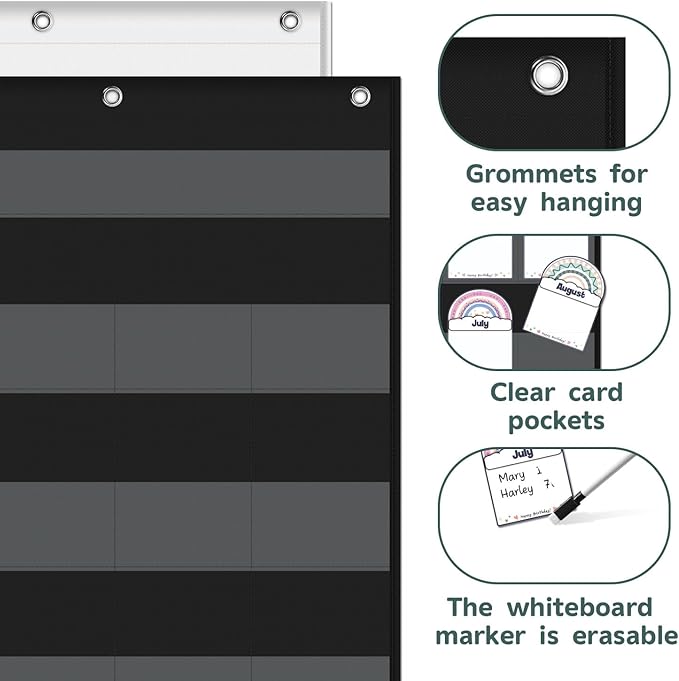 Classroom Birthday Pocket Chart, Birthday Poster for Classroom, Student Birthday Tracker, Classroom Decor (Black)