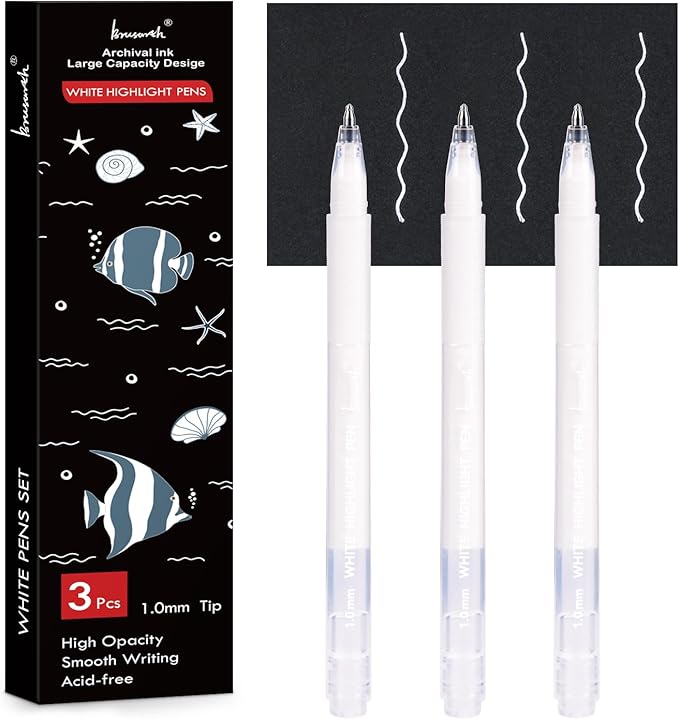 Brusarth White Gel Pen Set, 1mm Gel Ink Pens Opaque White Archival Ink Pens for Black Paper Drawing, Sketching, Illustration, Card Making, Bullet Journaling,3 Pack