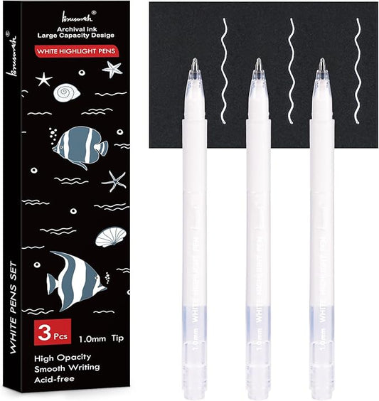 Brusarth White Gel Pen Set, 1mm Gel Ink Pens Opaque White Archival Ink Pens for Black Paper Drawing, Sketching, Illustration, Card Making, Bullet Journaling,3 Pack