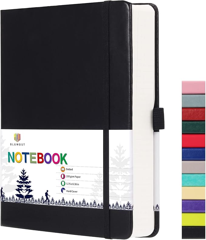 Bullet Dotted Journal Notebook - A5 Dot Grid Notebook with 280 Pages,100gsm Thick Dotted Paper,Leather Hardcover Dotted Journal for Women Men,5.75'' × 8.38''-Black