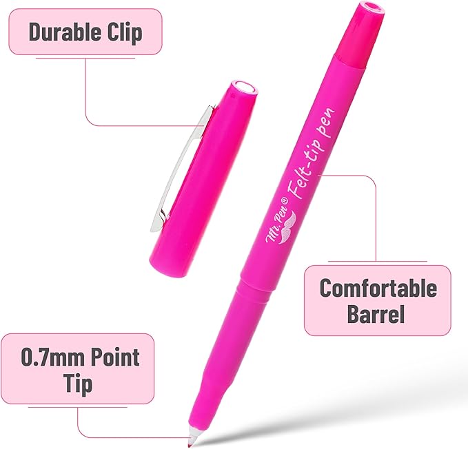 Mr. Pen- Felt Tip Pens, 12 Pack, 0.7 mm, Colorful Felt Tip Pens, Fast Dry, No Smear, Planner Markers for Underlining, Writing, Drawing, Journaling Supplies