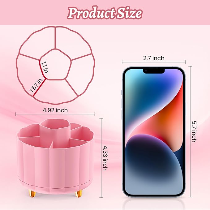 360 Rotating Desk Organizer for Women, 6 Compartment Pen Holder, Cute Pencil Cup & Marker Organizer, Office Desk Accessories, Aesthetic Desk Decor, Workspace Organizers (Pink)