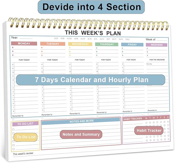 Undated Weekly Planner - 8.5" x 11" Undated Daily Productive Weekly To Do List Notepad for Home, Work, School, Projects, 52 Weeks, Clean Colorful Design