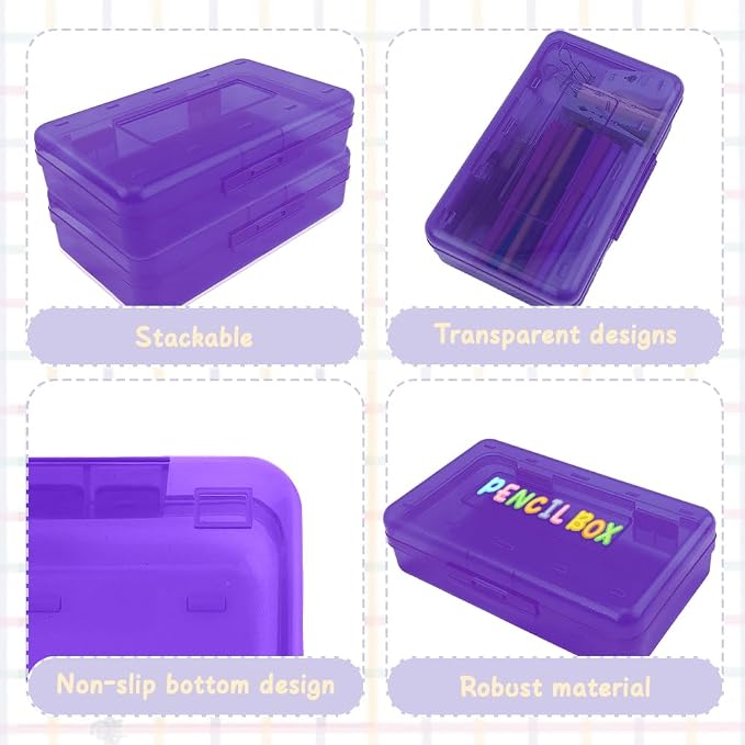 Purple Hard Pencil Case Plastic Clear Pencil Box Crayon Box Organizer 1 Pack Office Supplies Storage Container Organizer Boxes for Pens Crayon School Stylish Art Office Supplies Storage Medium