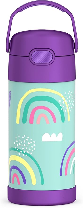THERMOS FUNTAINER Water Bottle with Straw - 12 Ounce - Kids Stainless Steel Vacuum Insulated Water Bottle with Lid, Rainbows