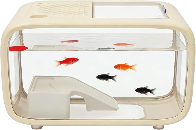 3.17 Gal Desktop Fish Tank, Fish Tank with Top Feeding Hole &Built-in Climbing Frame, Compact Water Habitat Bowl, Durable Mini Mini Aquascape Aquarium for Betta & Small Fish (Cream White)