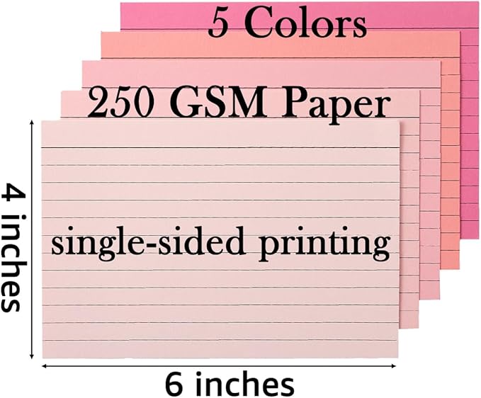 100 Sheets Colored Ruled Note Cards Index Cards, 250 GSM Heavy Flashcards, 5 Colors (5 Pink, 4x6)