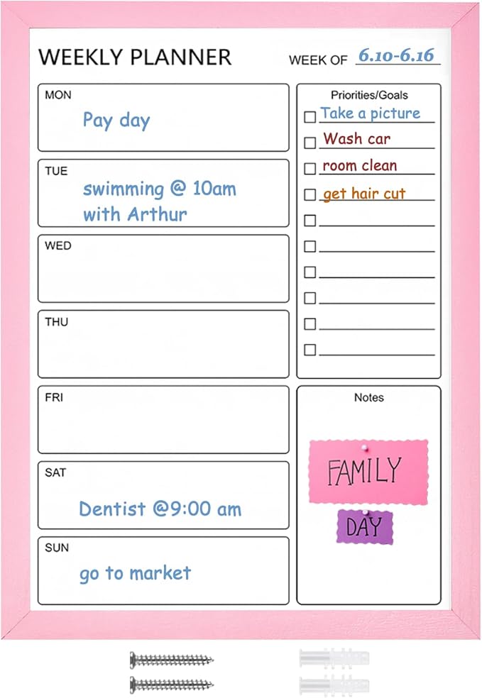 Dry Erase White Board Weekly Calendar Board, Magnetic Whiteboard for Wall,17.7“x23.6 Solid Wood Pink Framed Message Board, Planner Board for Office, Home, School（Weekly-BB-PK-4560）