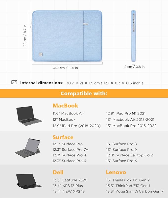 NIDOO 11 Inch 13 Inch Laptop Sleeve Computer Carrying Case Bag for 13" iPad Pro M2 M4 / iPad Air M2/Surface Pro 10 9 X/ 13" MacBook Pro Air/12.7" Lenovo Tab P12 / 13" Dell Pro 13 Premium, Light Blue