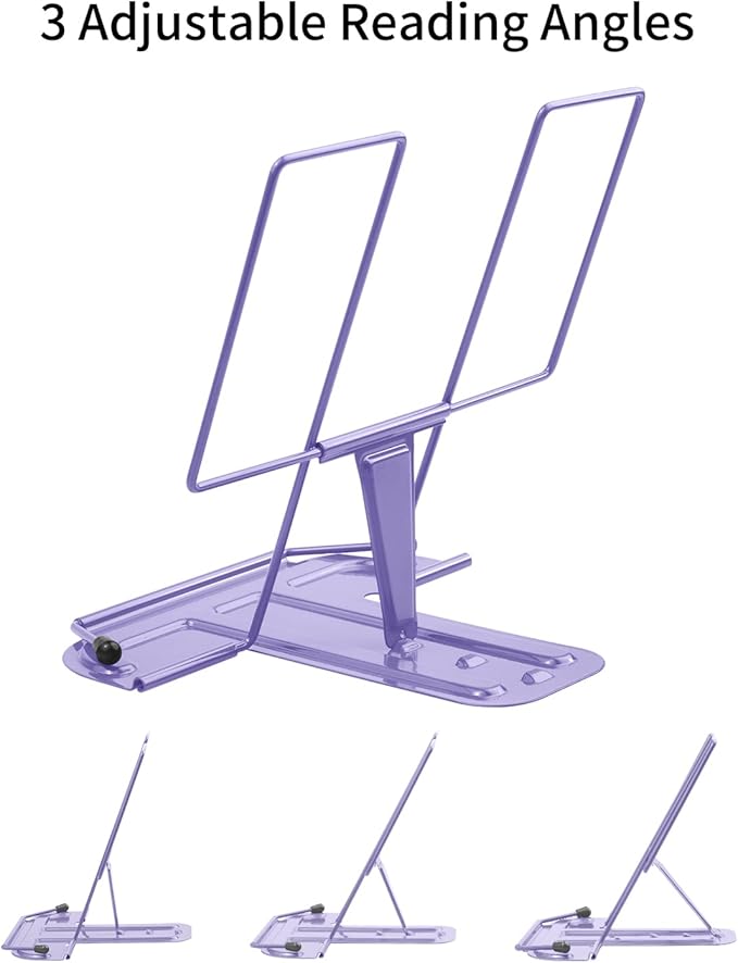 MSDADA 2PC Different Design Desk Book Stand Metal Reading Rest Book Holder Adjustable Cookbook Documents Holder Portable Sturdy Bookstand for Recipes Textbooks Tablet Music Books(Purple+Purple)