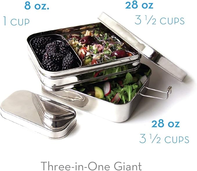 ECOlunchbox Three-in-One GIGANTIC Bento Box (49oz) – 3 Piece Jumbo Stainless Steel Lunch Container – Plastic Free, Non Toxic, Nestable, Dishwasher-Safe for Big Appetites, Not Leak-Proof