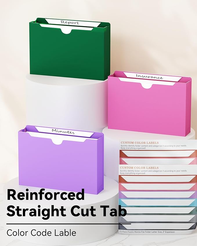 Ansook Plastic Manila File Jackets Letter Size,12 Pack Expanding Manila File Folders, Reinforced Straight Cut Tab,Heavy Duty 2" Expansion Manila Pocket Folders,Poly File Jacket Folders for Office,Home