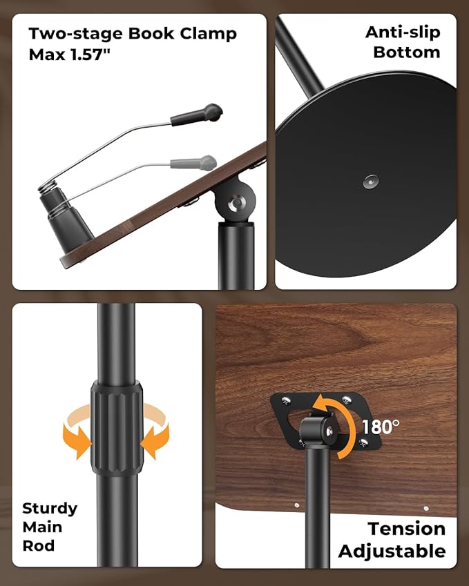 Adjustable Floor Book Stand & Book Holder for Reading, Laptop, and Tablet | Height Adjustable Standing Book Stand with Stable Base, Extendable Page Clips for Home, Office, Classroom