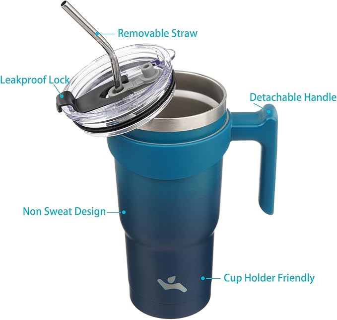 Konokyo 20 oz Tumbler with Handle and 2 Straw 2 Lid, Insulated Water Bottle Stainless Steel Vacuum Cup Reusable Travel Mug,Indigo Black