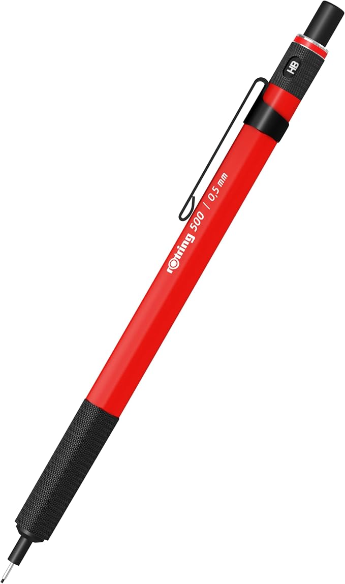 Rotring 500 Mechanical Pencil, Red and White Hexagonal Plastic Barrel and Non-Slip Textured Metal Grip, 0.5mm, HB Lead, 1 Count