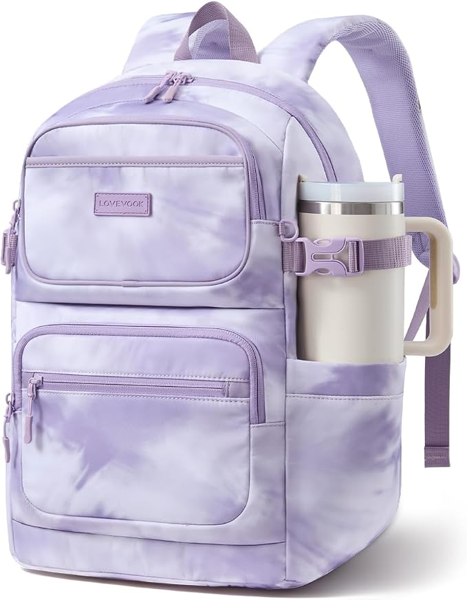 LOVEVOOK School Backpack for Teen Girls & College Students, Large Capacity Laptop Backpack with Water Bottle Holder, Lightweight Bookbag for School, Travel & Everyday Use, Purple Tie-Dye