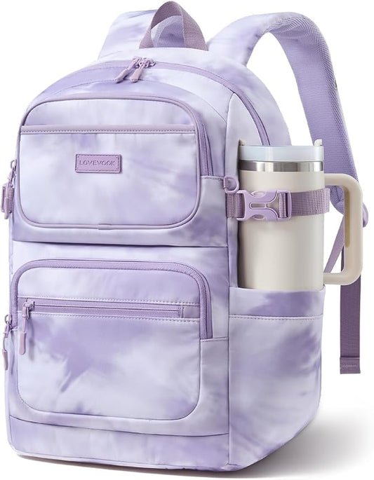 LOVEVOOK School Backpack for Teen Girls & College Students, Large Capacity Laptop Backpack with Water Bottle Holder, Lightweight Bookbag for School, Travel & Everyday Use, Purple Tie-Dye
