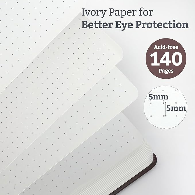 Bullet Dotted Journal Hardcover Notebook, A5 140 Pages 120Gsm Thick Paper for School,Note Taking,Work,Diary，5.7''*8.3'',Brown