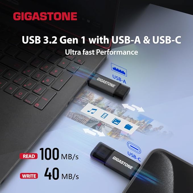 GIGASTONE 256GB Dual Flash Drive, Z40 USB 3.2 Gen 1, 2-in-1 Type-A & Type-C, 100MB/s Ultra Fast, Head Cap Design, Plug & Play for Smartphone/PC/Mac/TV/Car Audio, USB 2.0/3.0/3.1 Compatible