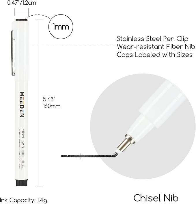 MEEDEN Micro Fineliner Drawing Pens: 1mm Chisel Nib, 6 Pack, Black Ink