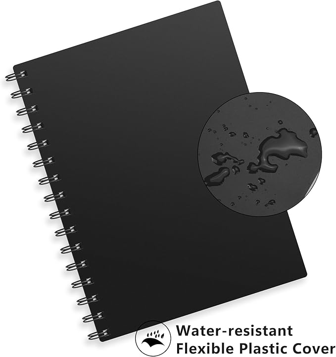 RETTACY Dotted Journal Notebook, 300 Pages, A5 Medium Size (5.7'' × 8.2''), 100 GSM Thick Paper, Flexible Plastic Cover, Spiral-bound, for Journaling, Planning, Tracking (Black)