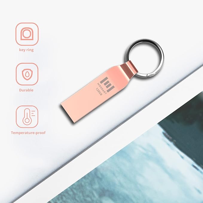 MOSDART Waterproof 128GB USB2.0 Flash Drive, exFAT Metal Memory Stick with Keychain, for System Back, Data Storage, Rose Gold(Pack of 2)