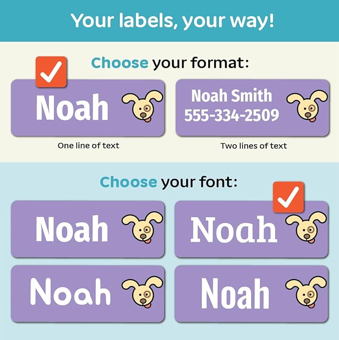 Kids Personalized Name Labels for School, Camp, Daycare (128 Labels) Custom Peel and Stick Waterproof Name Tags Stickers for Water Bottles, Lunch Boxes, Clothing, School Supplies (Pets)