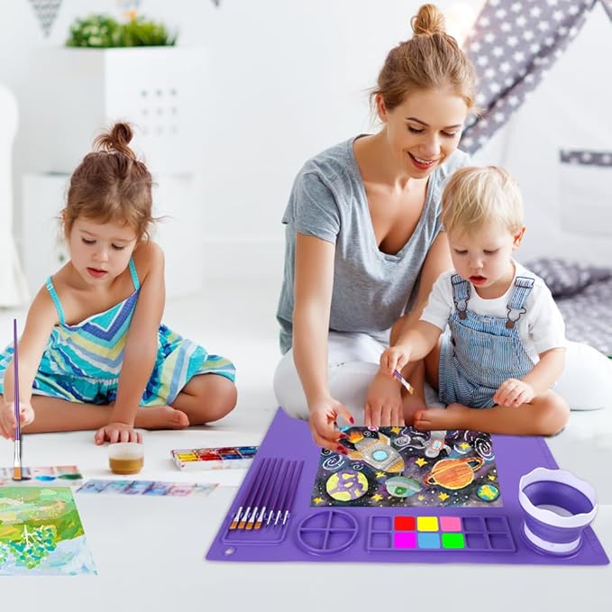 DIYDEC Silicone Art Mat 20x16 Inch - Large Silicone Painting Mat with Detachable Cup, 10 Painting Brushes, 5 Sponge Brushes - Kids & Adult DIY Accessories (Purple)