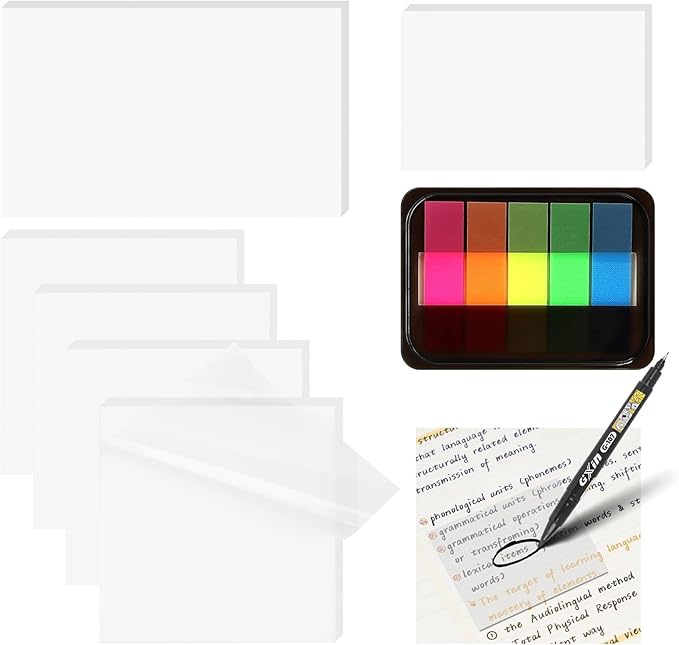 Transparent Sticky Notes with Index Tabs + Marker Pen, MEIGAONE Waterproof PET Clear Sticky Note Sets, Strong Adhesion, 8 Pack Translucent Sticky Note for Study, Book,Office,School Supplies