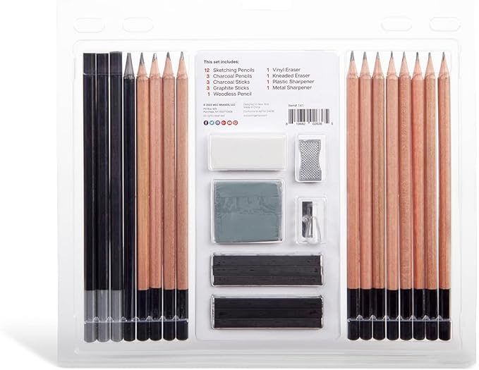 KINGART PRO Artist SKETCHING and DRAWING SET, 26 Pc. Pencils, Charcoal & Graphite Sticks, Erasers, Sharpeners, All Skill Levels, 26 pc.