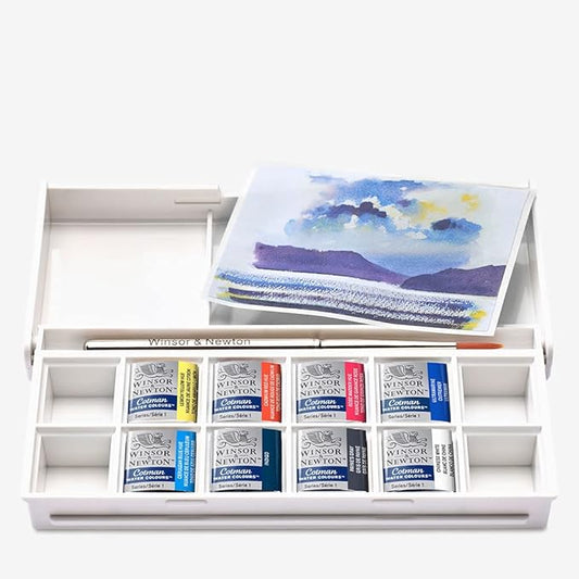 Winsor & Newton Cotman Watercolor Paint Set, 8 Half Pan, Sky Colors w/ Brush