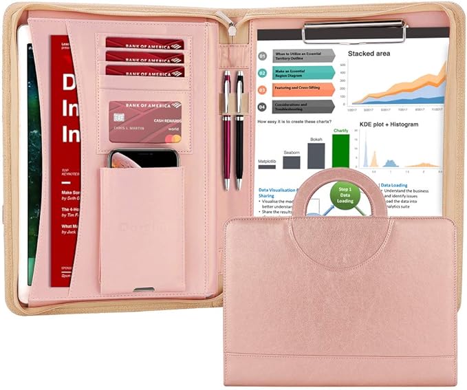 Darolin Vegan Leather Padfolio Portfolio with Handle & Clipboard, Zippered Business Portfolio Organizer for Meetings, Interviews & Travel, Fits A4 & Letter Size, Padfolio for Men Women (Rosegold)