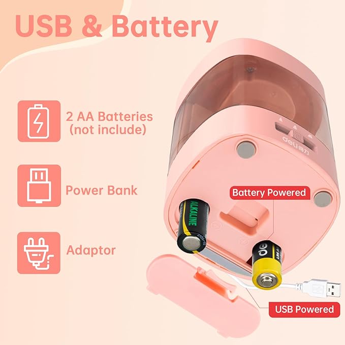 Deli Electric Pencil Sharpener, Automatic Pencil Sharpeners for No.2 Pencils Colored Pencils, USB & Battery Operated Pencil Sharpener for School, Home, Office, Classroom, Pink