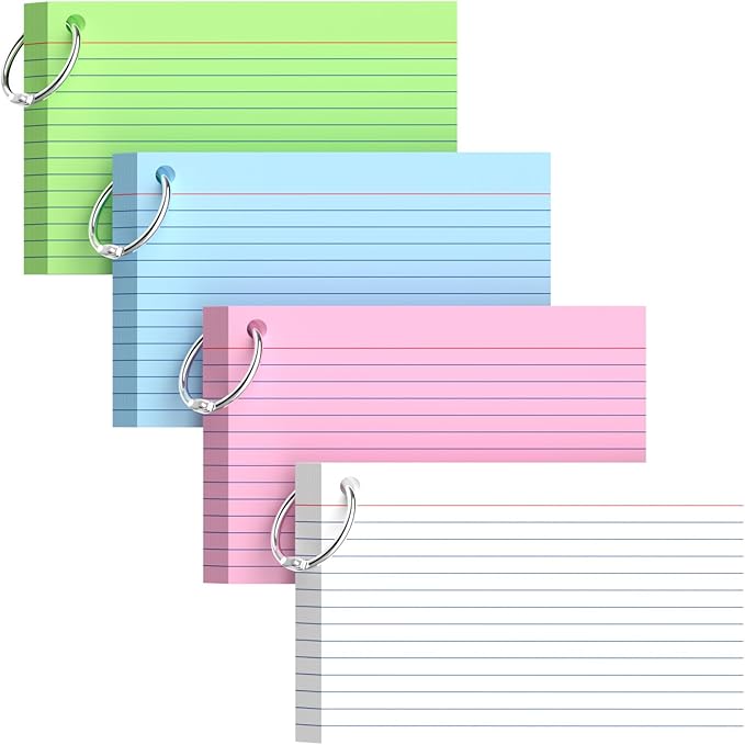 160-Pack Colored Index Cards 4x6 Inch w/Key Ring – 180gsm Heavyweight Flashcards – 4 Vibrant Colors Flash Cards (White Pink Blue Yellow) Perfect for Study, Notes & Memory, Students School Supplies