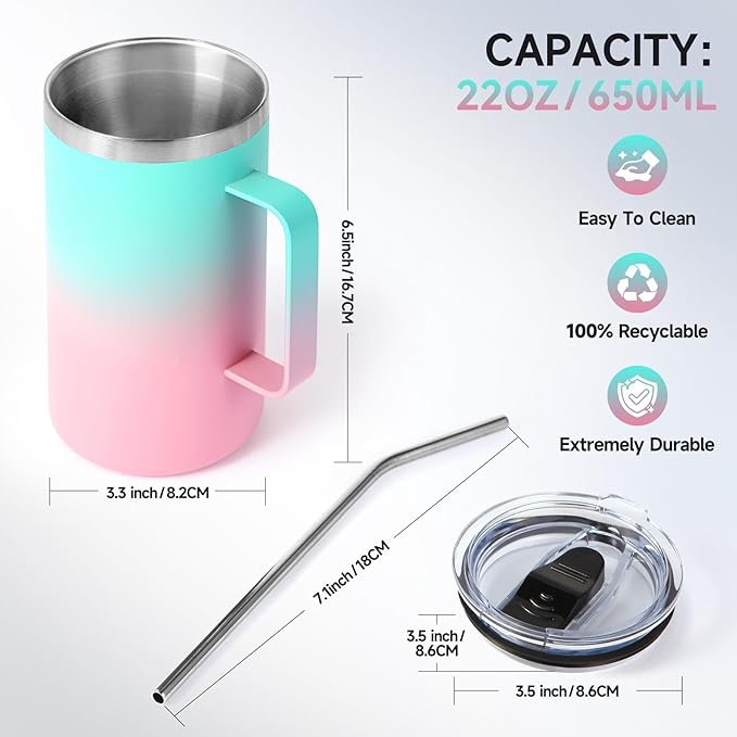 Volhoply 22oz Insulated Stainless Steel Coffee Mugs with Leakproof Lid Bulk 2 Pack,Double Wall Vacuum Travel Coffee Cup with Handle,Reusable Metal Tumbler,Camping Mug Keep Hot&Cold(Green Pink,2)