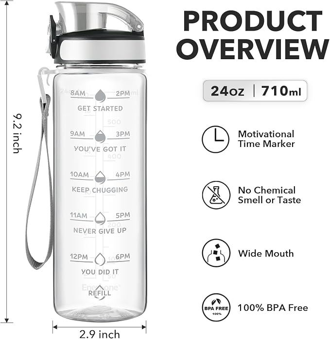 Enerbone Water Bottle, Leakproof BPA & Toxic Free, Motivational Water Bottle with Times to Drink and Straw, Fitness Sports Water Bottle with Strap for Office, Gym, Outdoor Sports