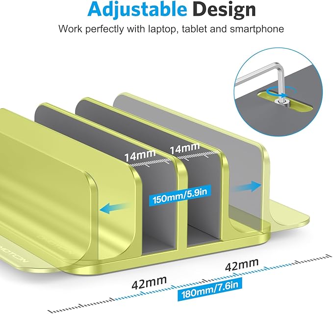 OMOTON Vertical Laptop Stand [Updated Double Version], Desktop Aluminum Mac Book Stand with Adjustable Dock Size, Fits All Mac Book, Surface, Chrome Book and Gaming Laptops (Up to 17.3 inch), (Green)