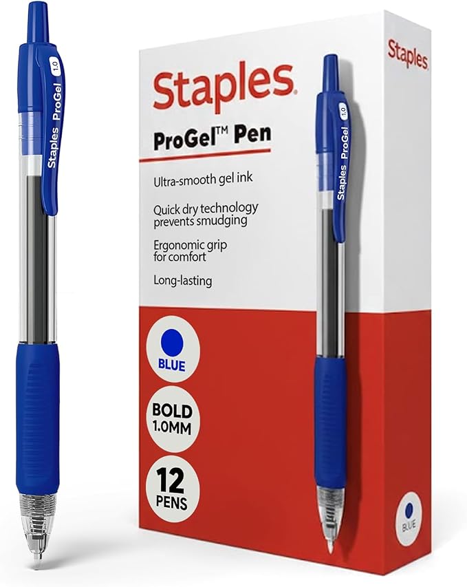 STAPLES ProGel Retractable Gel Pens, Bold 1.0mm, Blue Ink, 12-Pack | Smooth-flow ink for everyday writing in office and school settings.