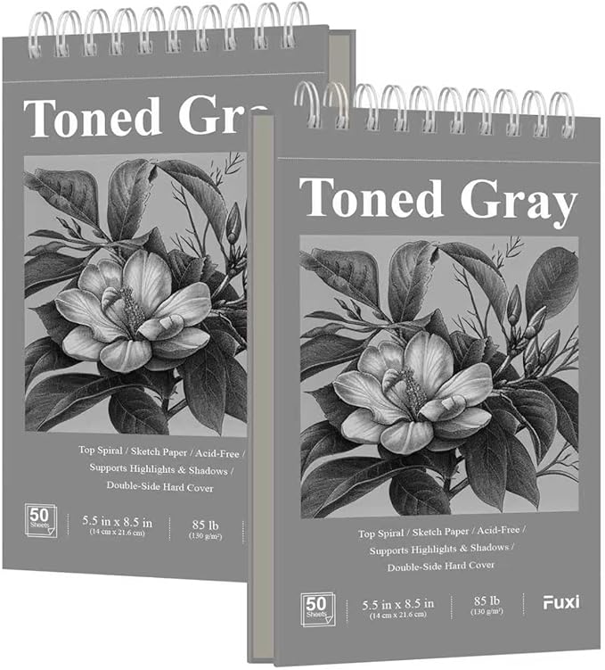 Fuxi Toned Gray Sketchbook, 2-Pack - 5.5" x 8.5", | 85lb/130gsm Charcoal Drawing Paper, 50 Sheets Per Pad.