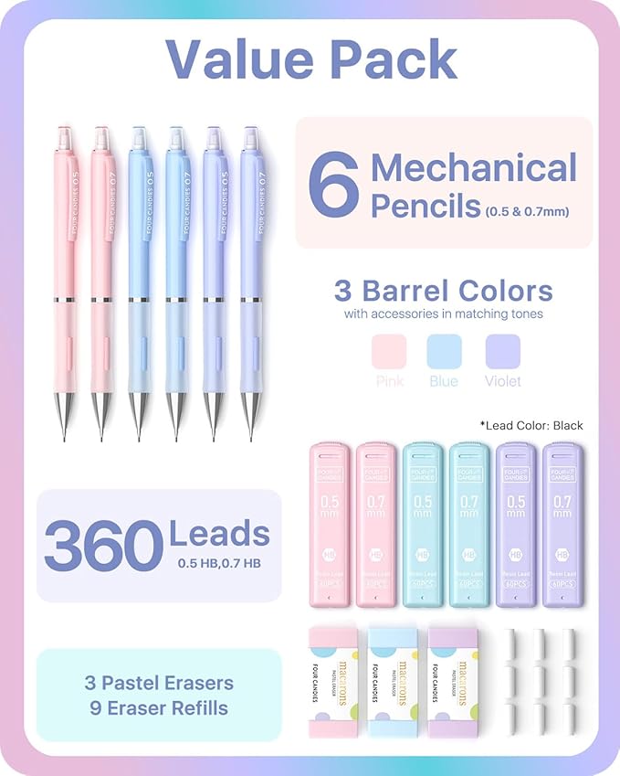 Four Candies 6PCS Cute Mechanical Pencil Set, 0.5mm & 0.7mm with 360PCS Lead Refills, Pastel Erasers & Case, Clean Girl Preppy School Supplies for College Standardized Tests and Schoolwork