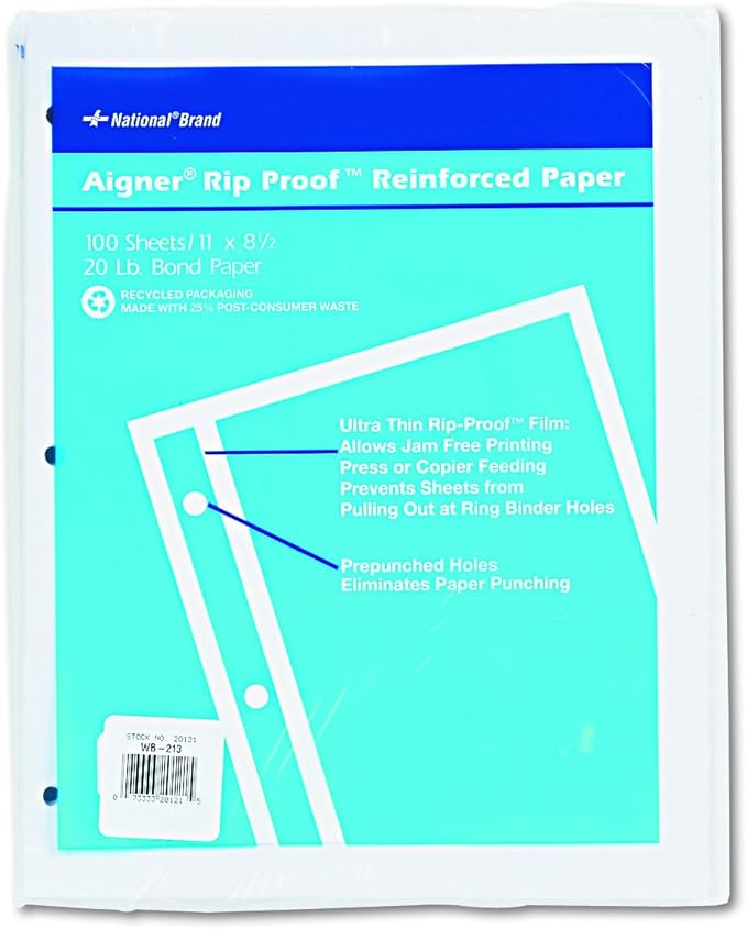 National Rip Proof Reinforced Filler Paper, 3-Hole, 8.5 X 11, Unruled, 100/pack,White