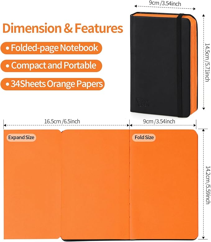 3.5x5.7inches Mixed Media Sketch Pad, 120GSM 32Sheets Folded Colored Paper Sketchbook for Drawing, Protable Hardcover Art Sketchbook for Painting, Writing, Journal.Orange