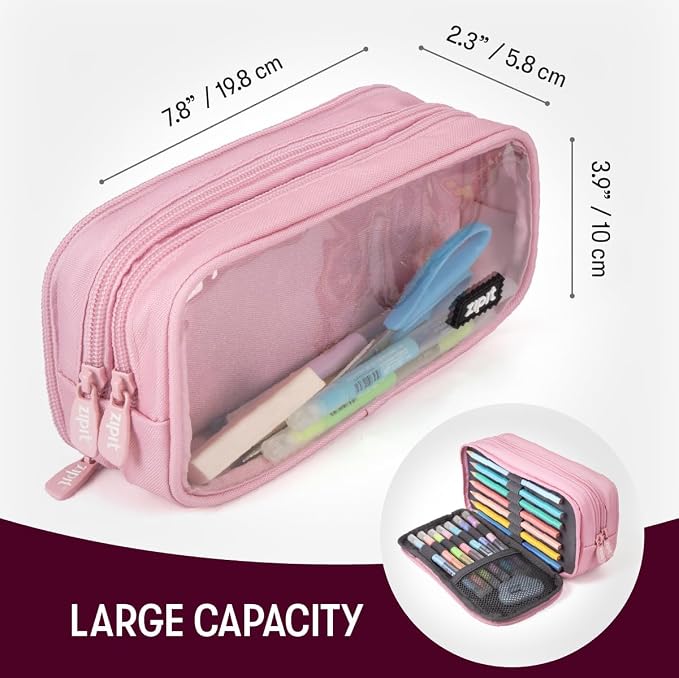 ZIPIT Half & Half Pencil Case for Girls, 3-Compartment Zipper Pouch, Pink | Clear-front pencil case for school, dedicated organizer panels, holds up to 70 pens & pencils, durable easy-care polyester