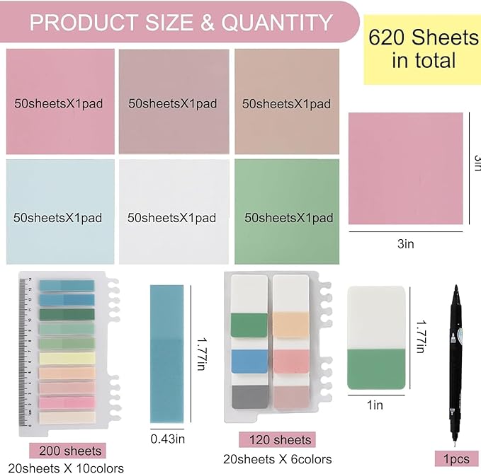 Vuzvuv 620 Sheets Transparent Clear Sticky Notes with Pen,3x3 Inch Bulk Translucent Sticky Notes Set for Bible Tabs, Book Tabs, Office School Supplies(Green Pink)