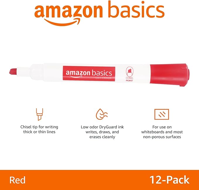Amazon Basics Dry Erase Whiteboard Markers, Chisel Tip, Low-Odor, Red, 24-Pack, For Writing on Whiteboards