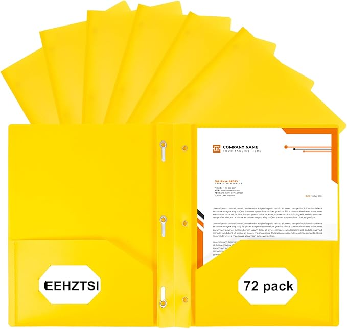 72-Pack Plastic Folders with Pockets and Prongs,2-Pocket Folders with 3 Fasteners, Holds 8-1/2" x 11" Paper for School/Office/Home, Yellow