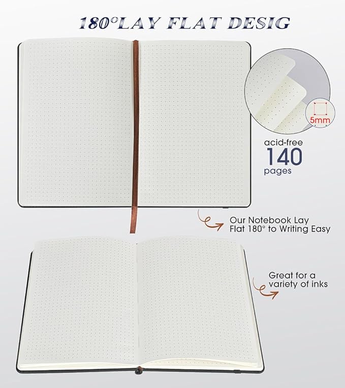 Biuwory Dotted Journal Notebook for Women Men, 140 Pages Hardcover Dot Grid Notebooks for Work, School & Travel, Leather Journals for Writing, Bullet Journaling 5.7"×8.3" (Black)