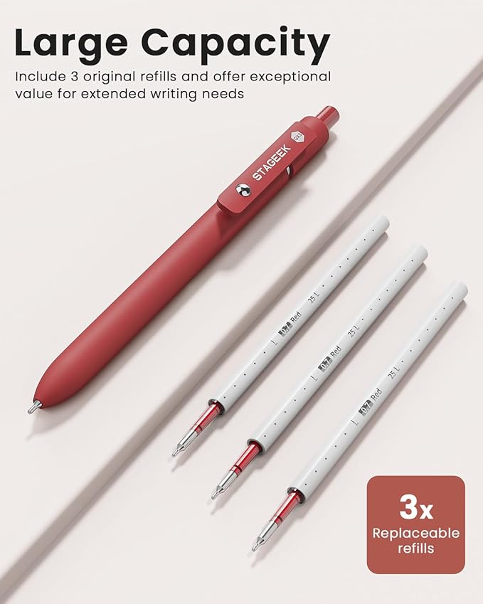 STAGEEK GX3 Red Gel Pens, 6 Pcs Quick Dry Smooth Writing Pen with 3 Refills | Red Ink Pens, 0.7mm Fine Point, Retractable, Office, School Supplies, Journaling & Note Taking, for Nurses, Teachers