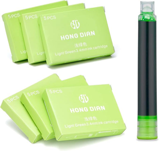 Asvine Fountain Pen Ligth Green Ink Cartridges, Set of 30 Refill Ink Cartridges, 3.4 mm Bore Diameter