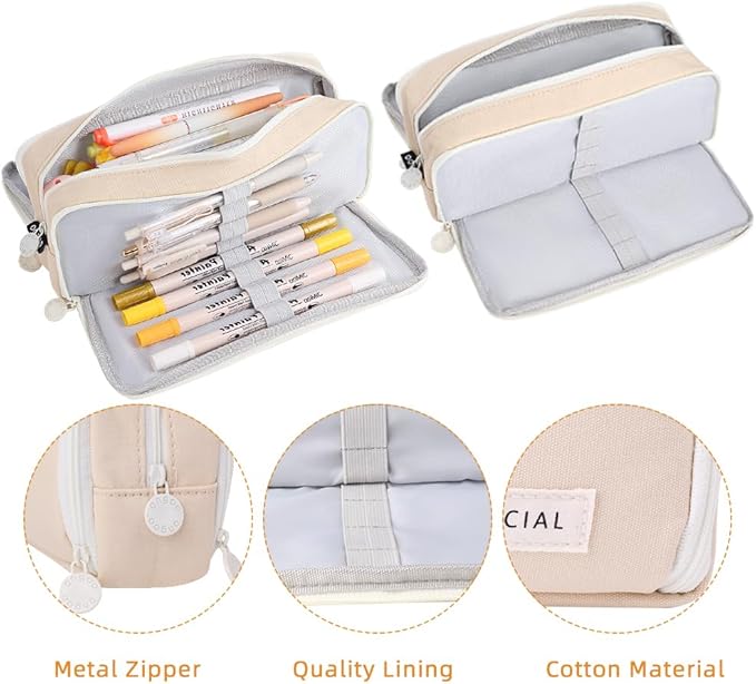 iSuperb 3 Compartments Pencil Case Pouch Big Capacity Pencil Organizer Canvas Holder Oxford Stationery Storage Kids Teen Girls Boys Student School Supplies Cosmetic Makeup Bag